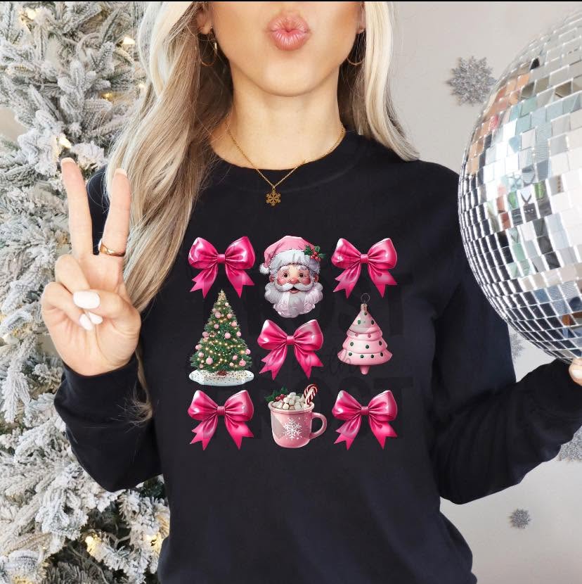 Pink bows Santa and cocoa on black sweatshirt