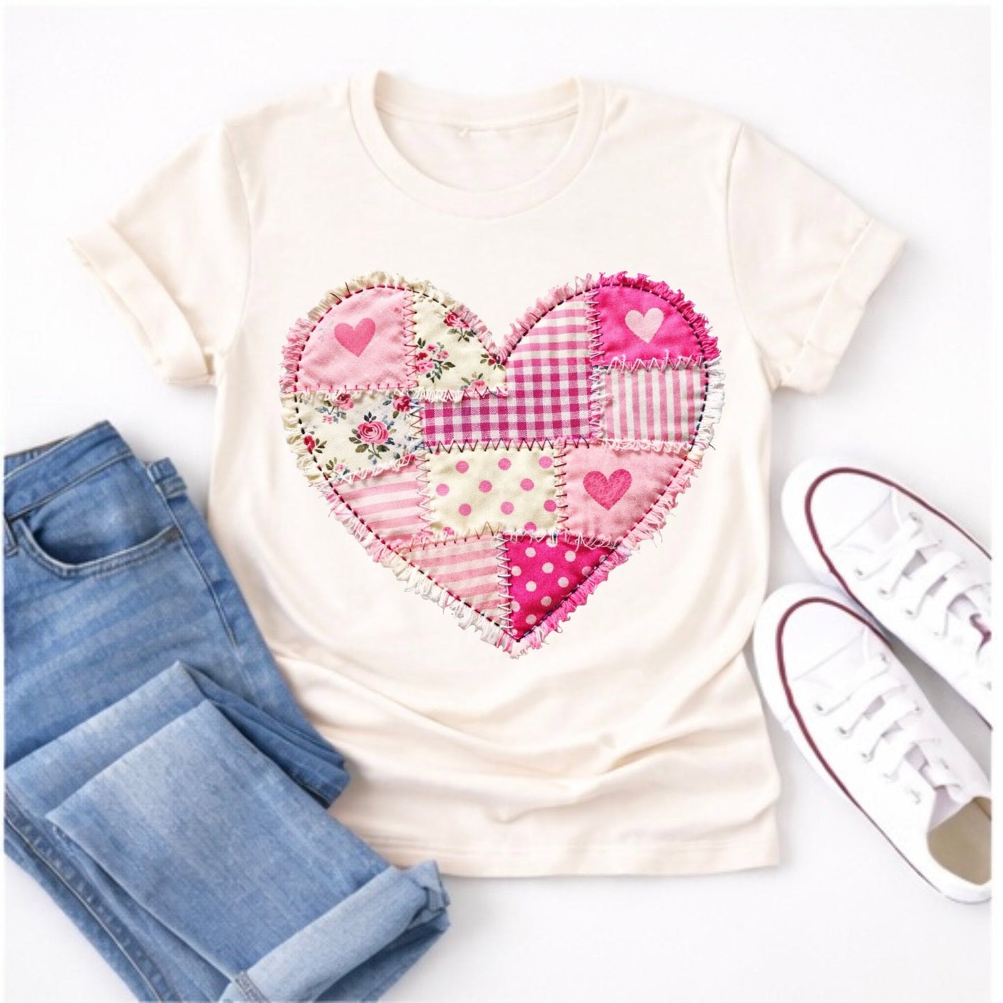 Pink floral patchwork heart on cream tee