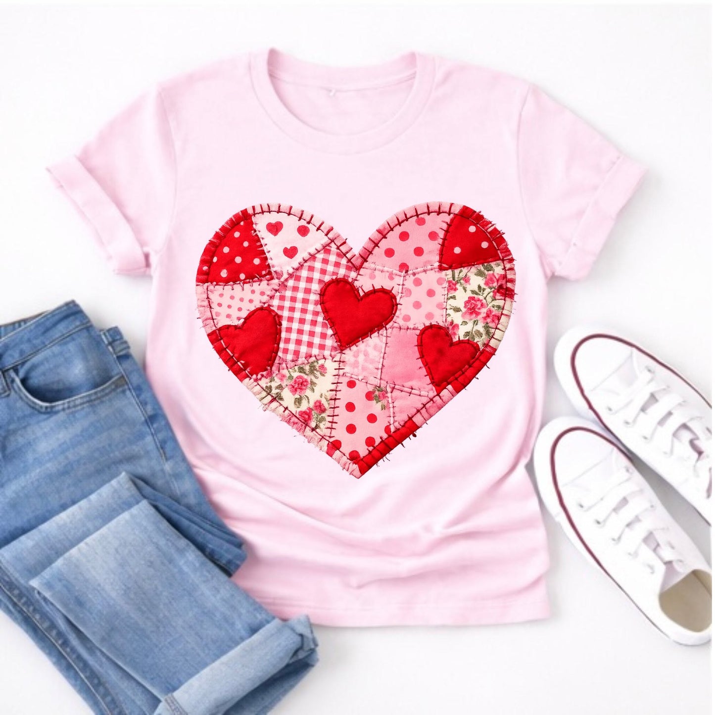 Pink and red patchwork heart design on pink tee