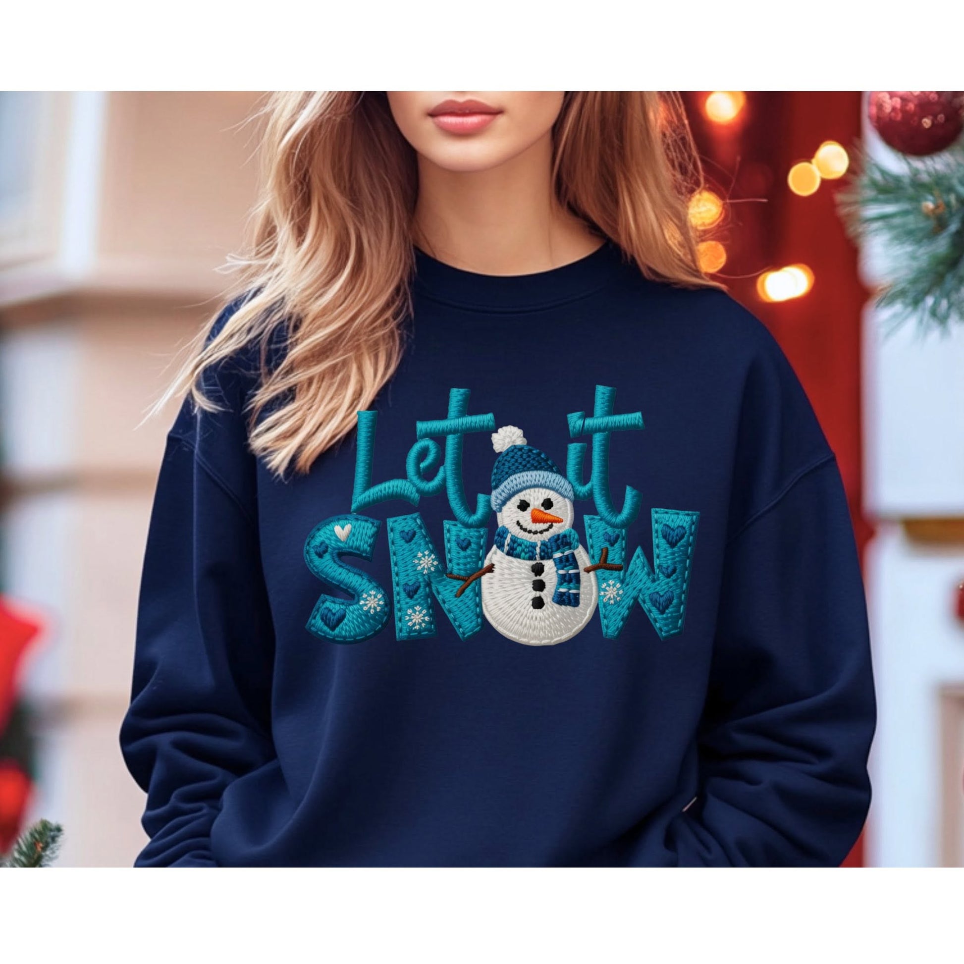 Blue knit-look Let It Snow snowman color mockup