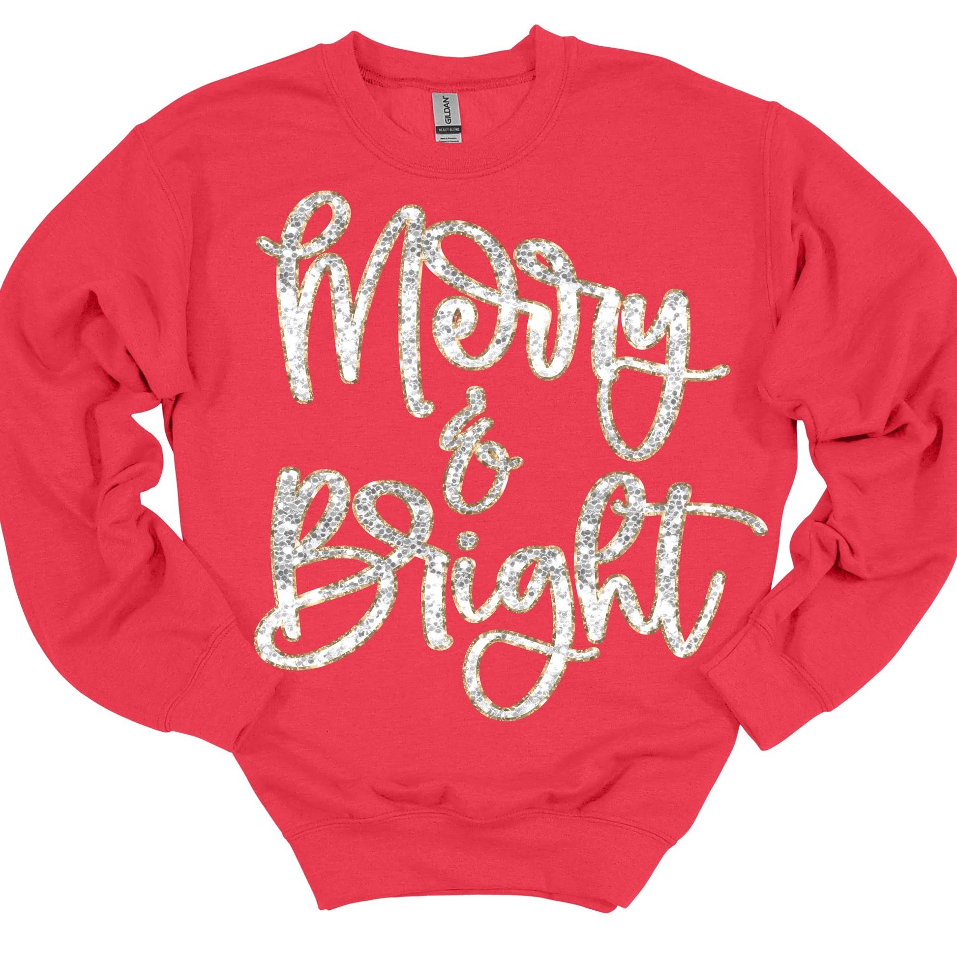 Merry and Bright sparkle script on red sweatshirt