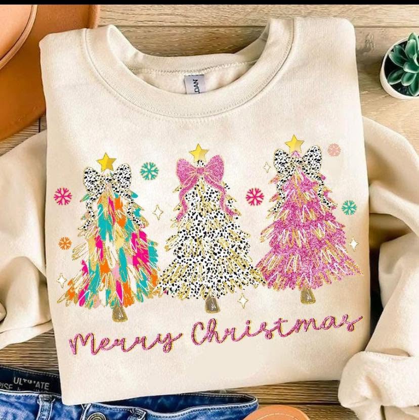 Merry Christmas colorful tree trio with spotted and pink bows