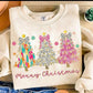 Merry Christmas colorful tree trio with spotted and pink bows