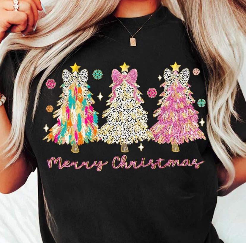Merry Christmas colorful tree trio with spotted and pink bows