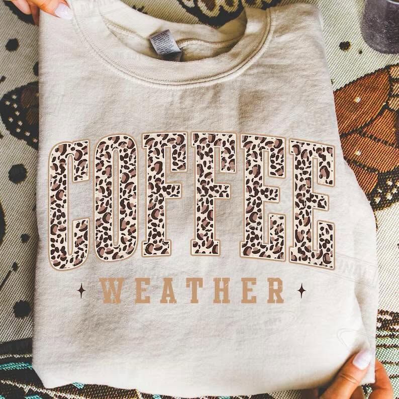 Coffee Weather leopard-print lettering apparel mockup