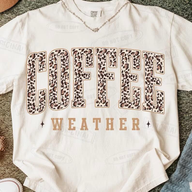 Coffee Weather leopard-print lettering apparel mockup