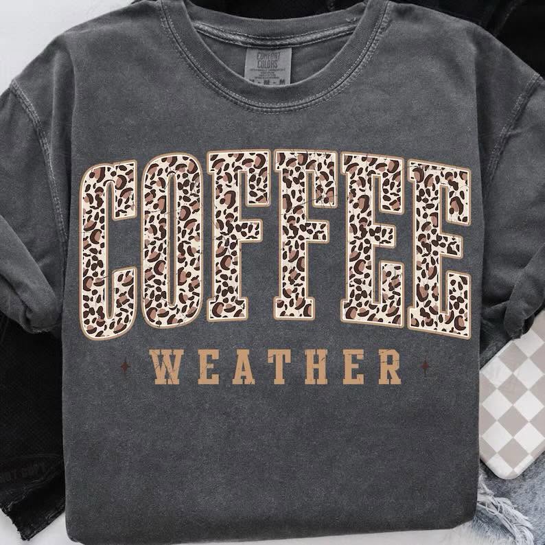 Coffee Weather leopard-print lettering apparel mockup