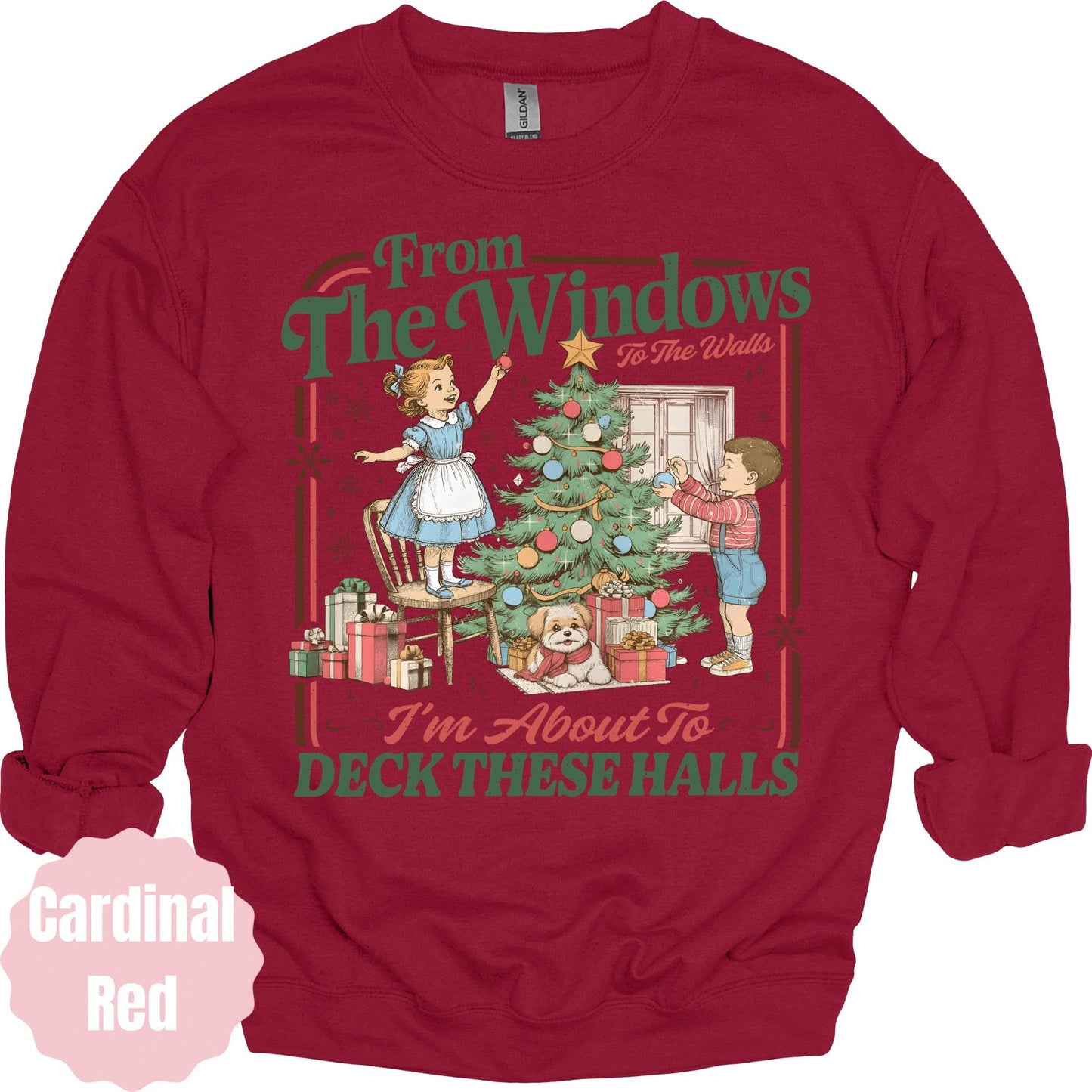 Vintage children decorating a Christmas tree with Deck These Halls lettering