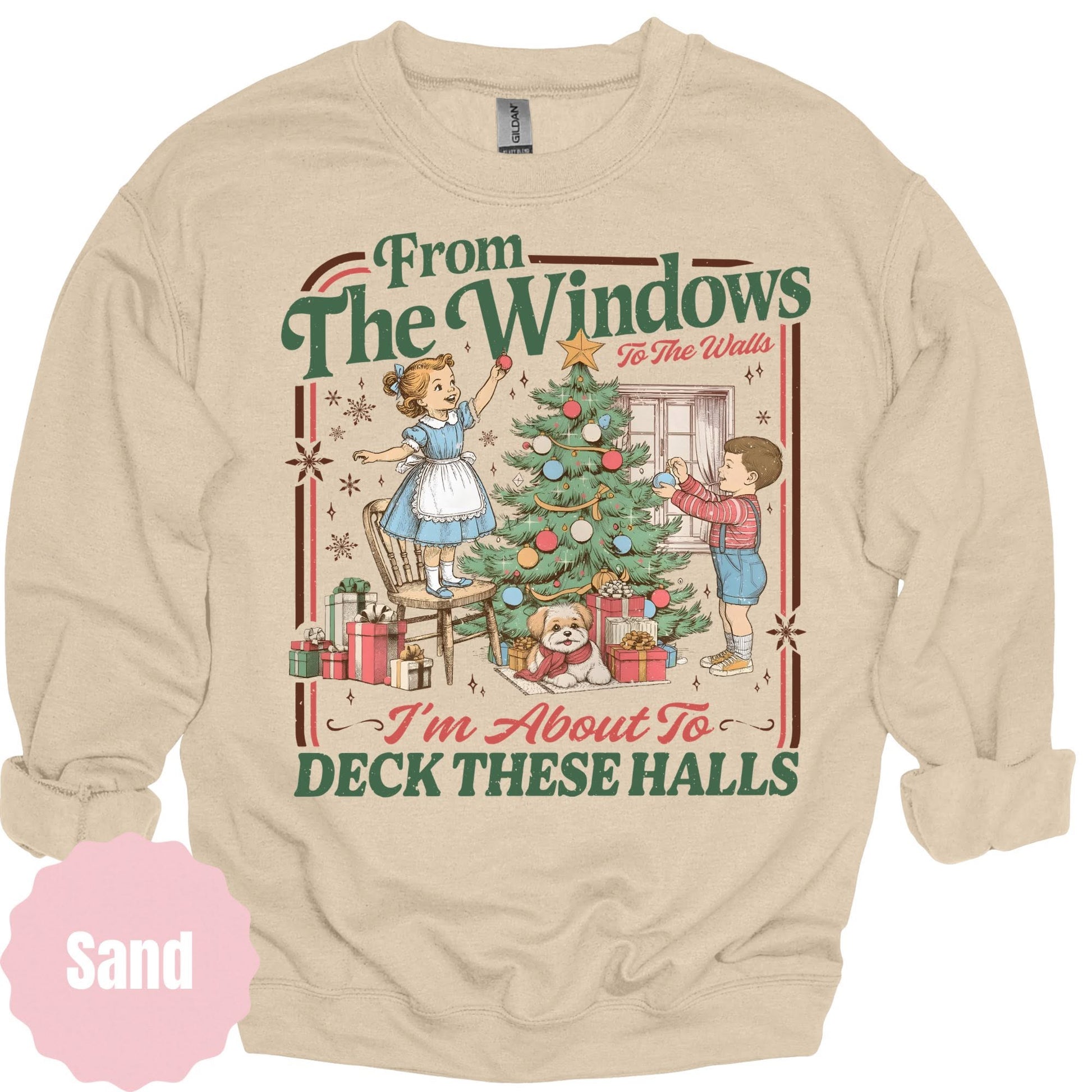 Vintage children decorating a Christmas tree with Deck These Halls lettering
