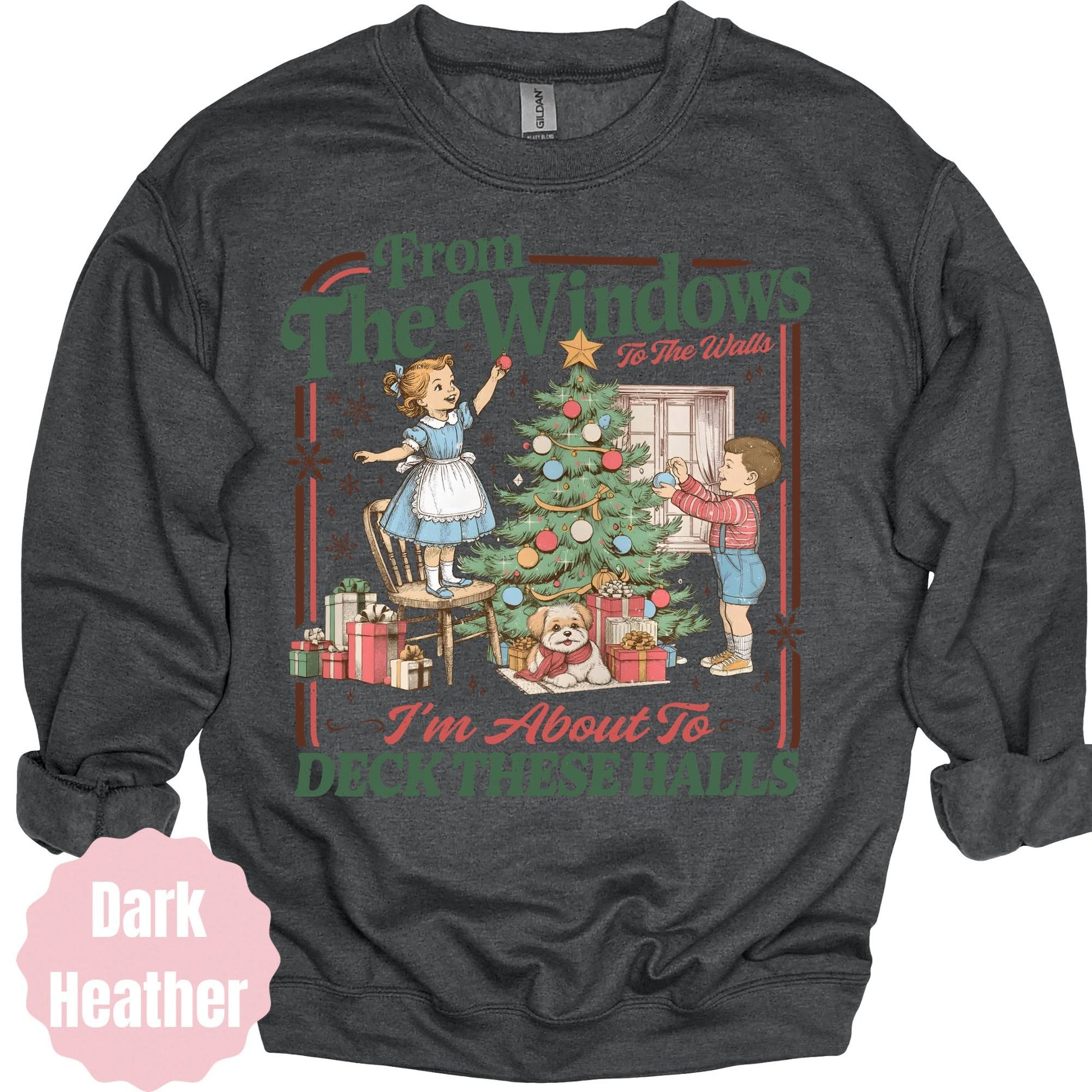 Vintage children decorating a Christmas tree with Deck These Halls lettering