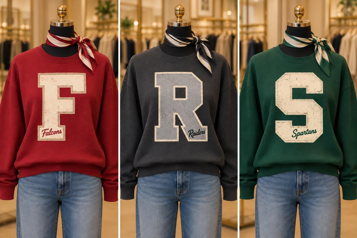 Falcons varsity F design shown at left in the group mockup