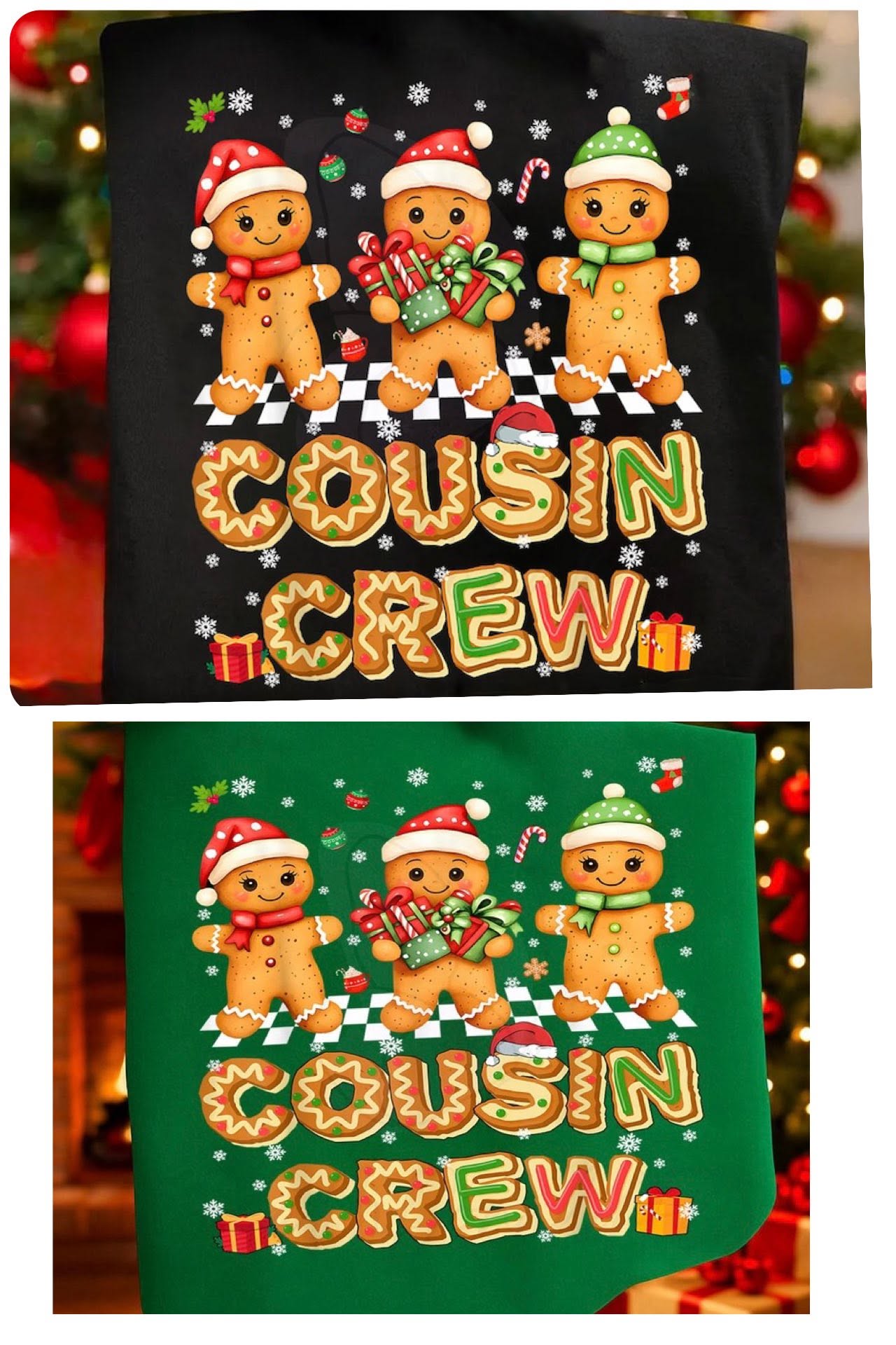 Gingerbread Cousin Crew on black and green garments