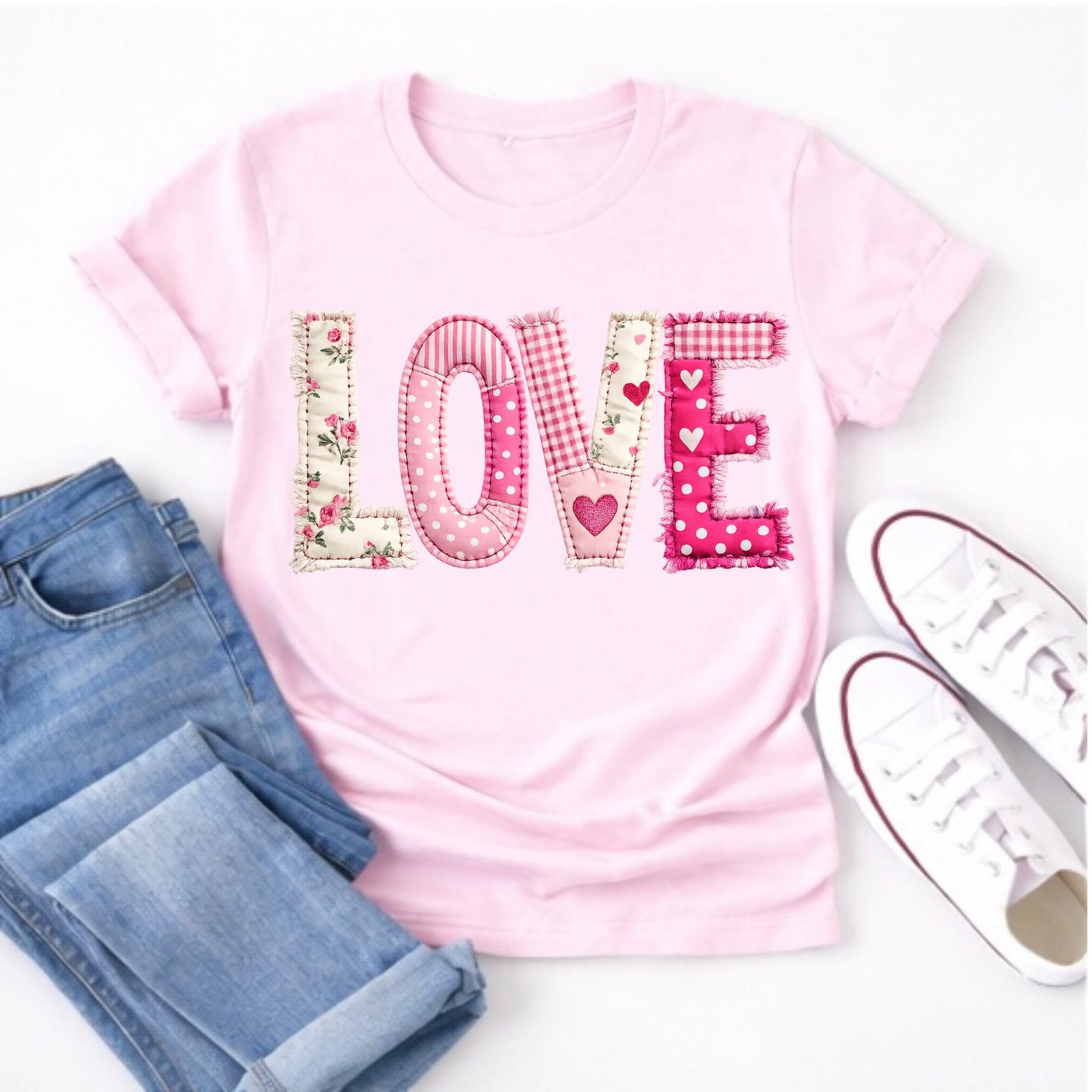 Floral patchwork LOVE on pink