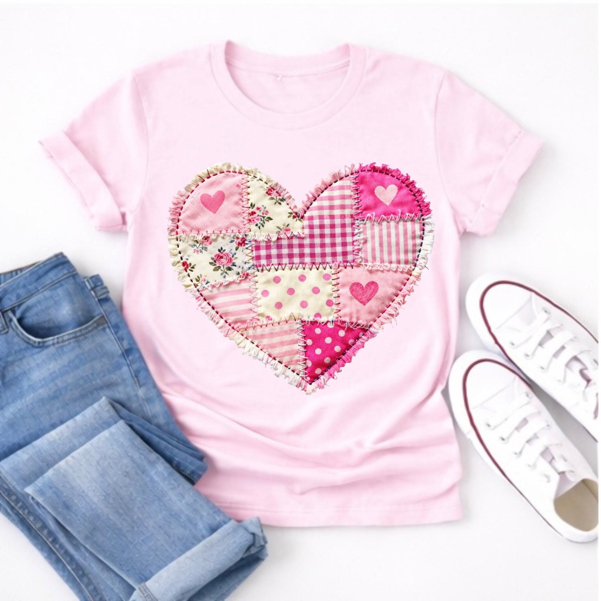 Pink Floral Patchwork Heart Tee mockup
