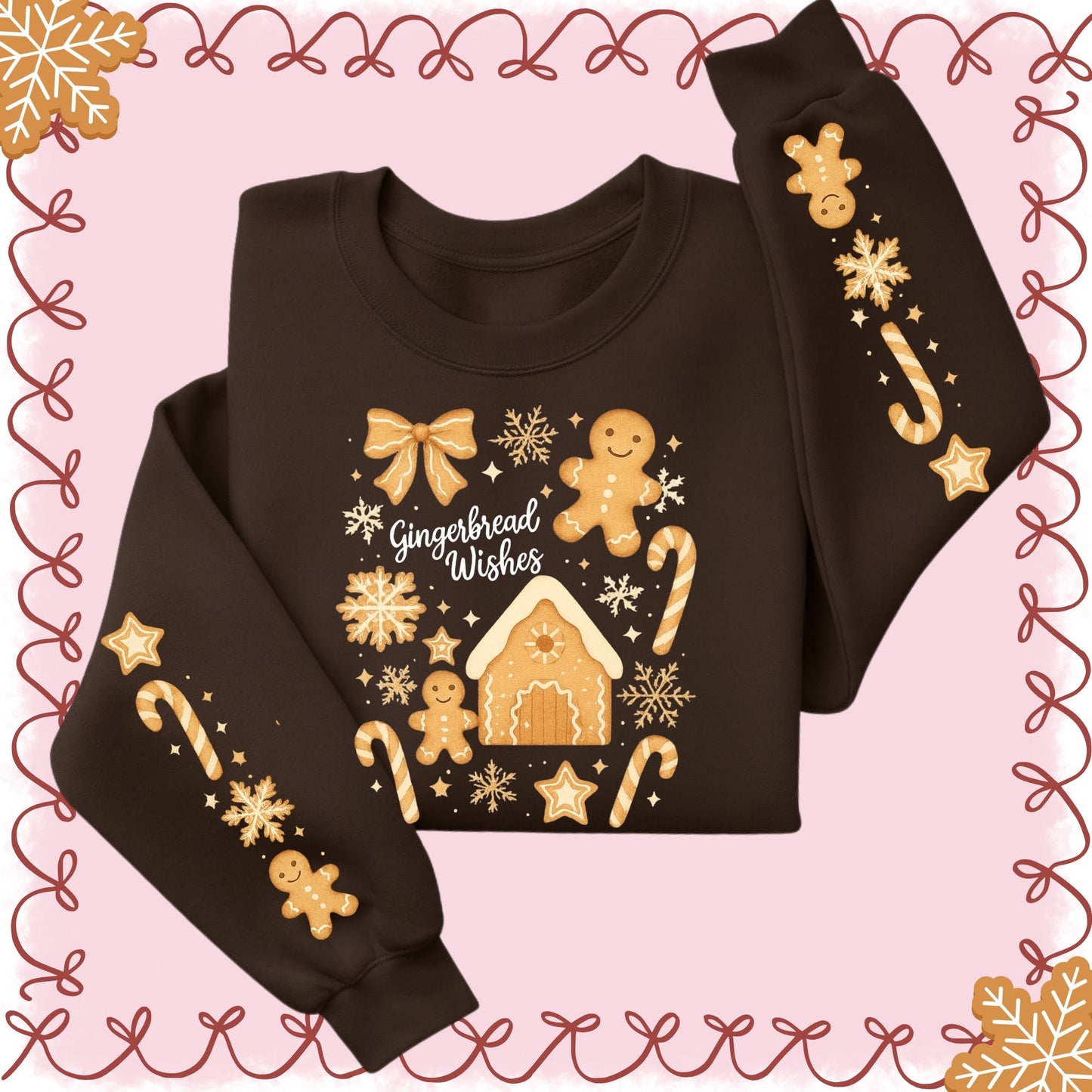 Gingerbread Wishes sweatshirt with front and sleeve designs