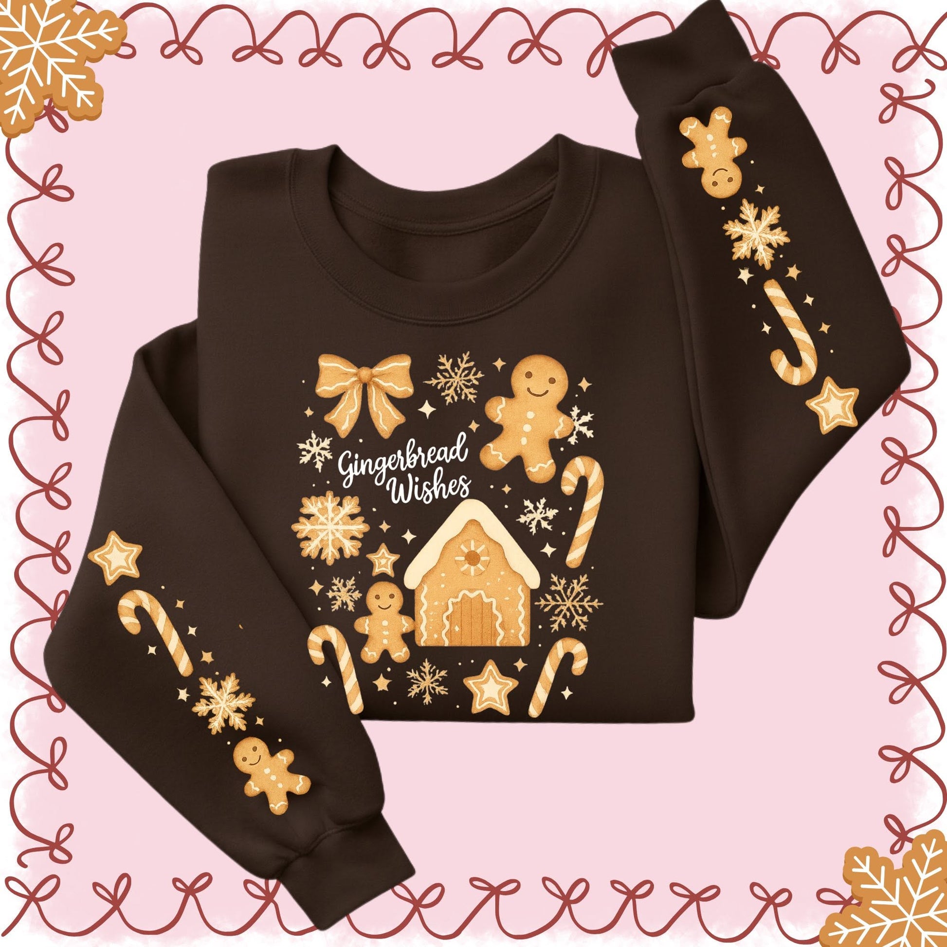 Gingerbread Wishes sweatshirt with front and sleeve designs