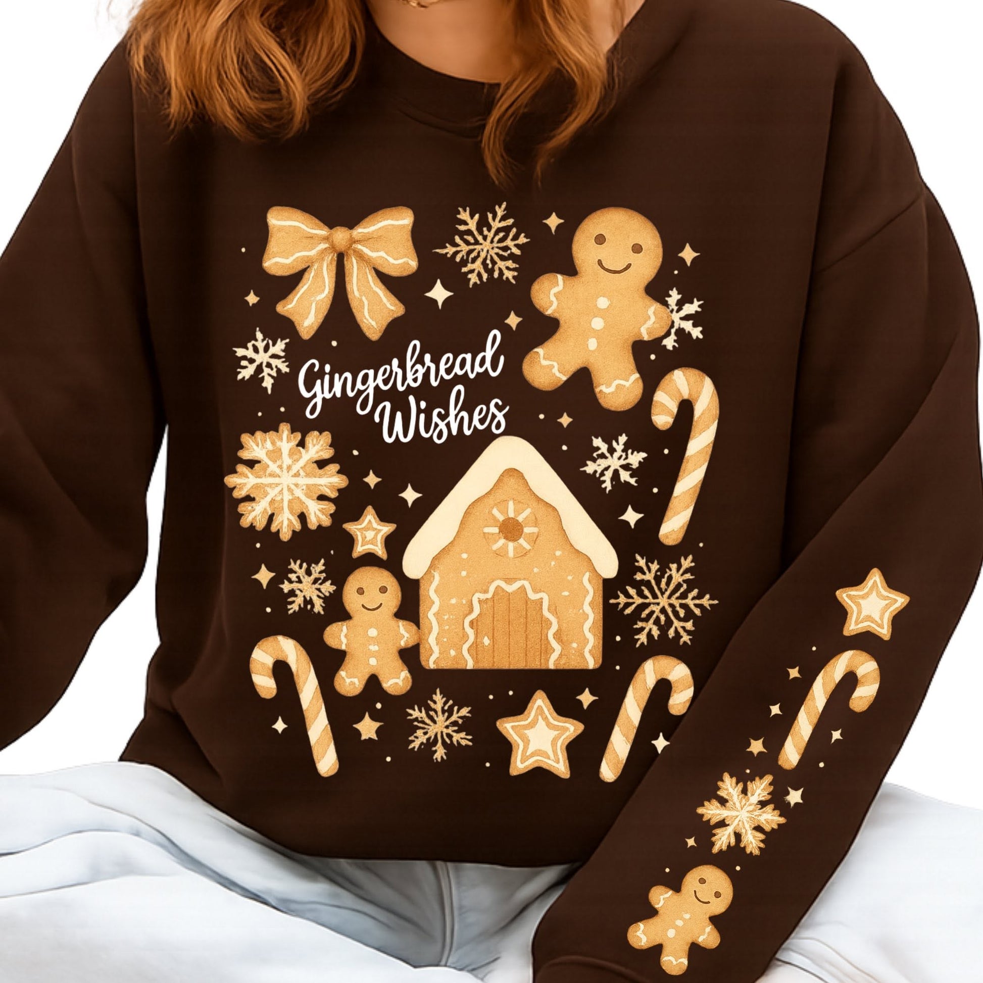 Gingerbread Wishes sweatshirt with front and sleeve designs
