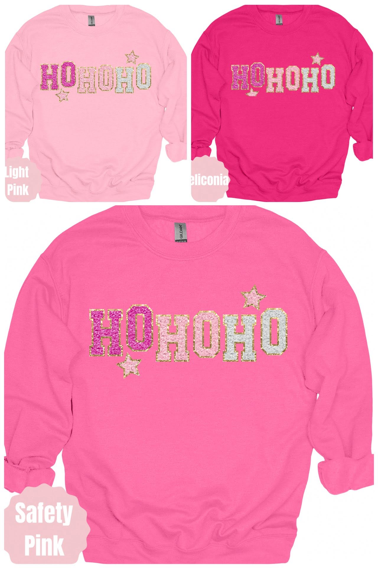 Pink Ho Ho Ho Stars Graphic Apparel in pink garment colors