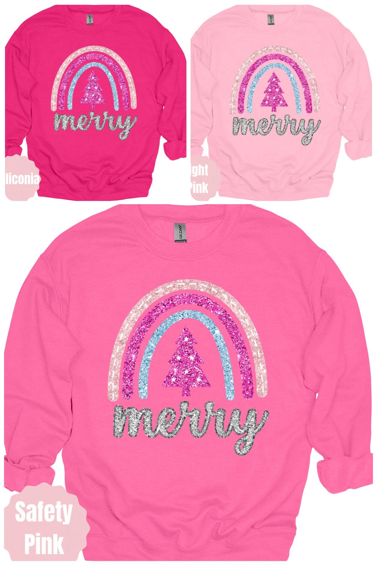 Pink Merry Rainbow Christmas Tree Graphic Apparel in pink garment colors
