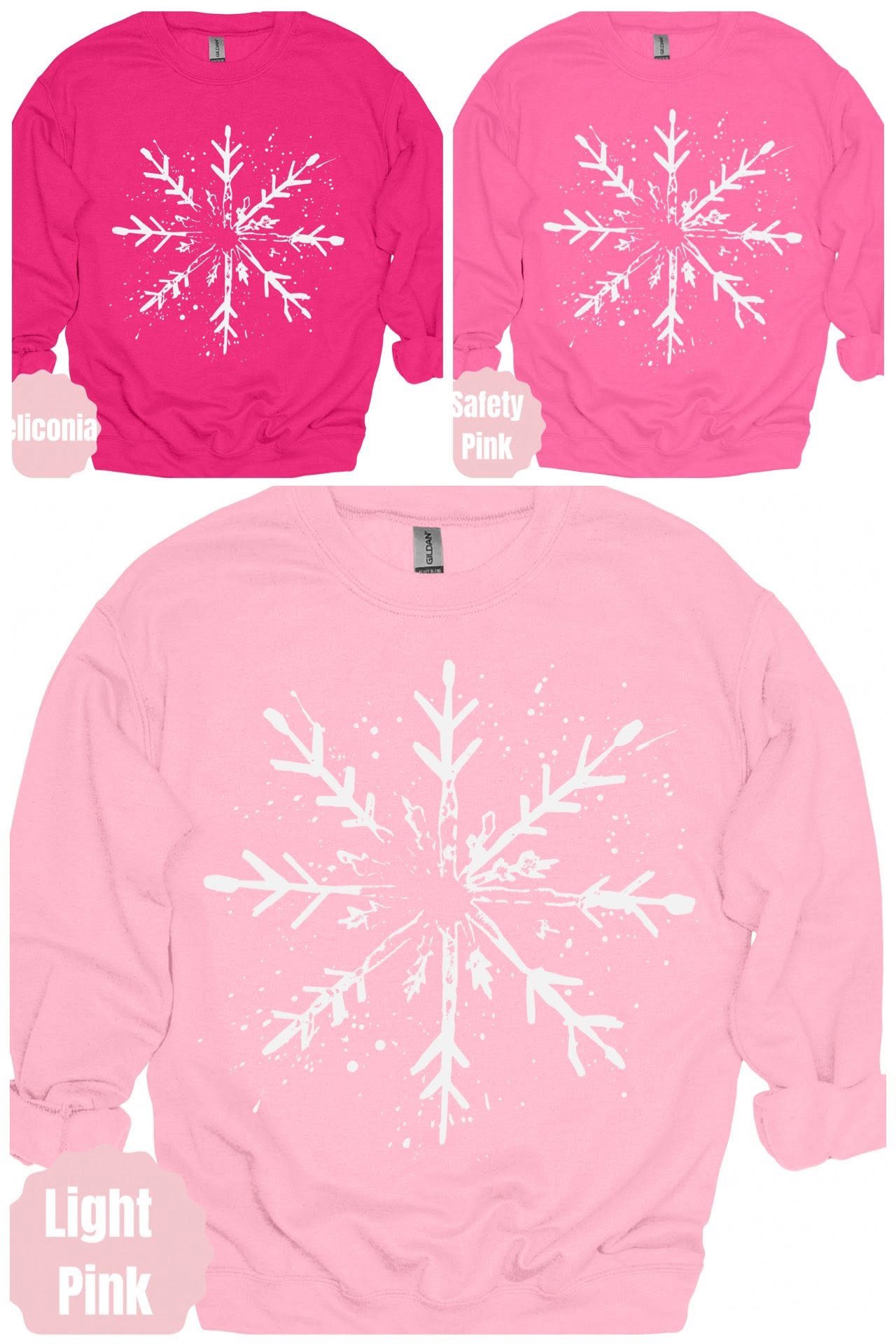Single Snowflake Winter Graphic Apparel in pink garment colors