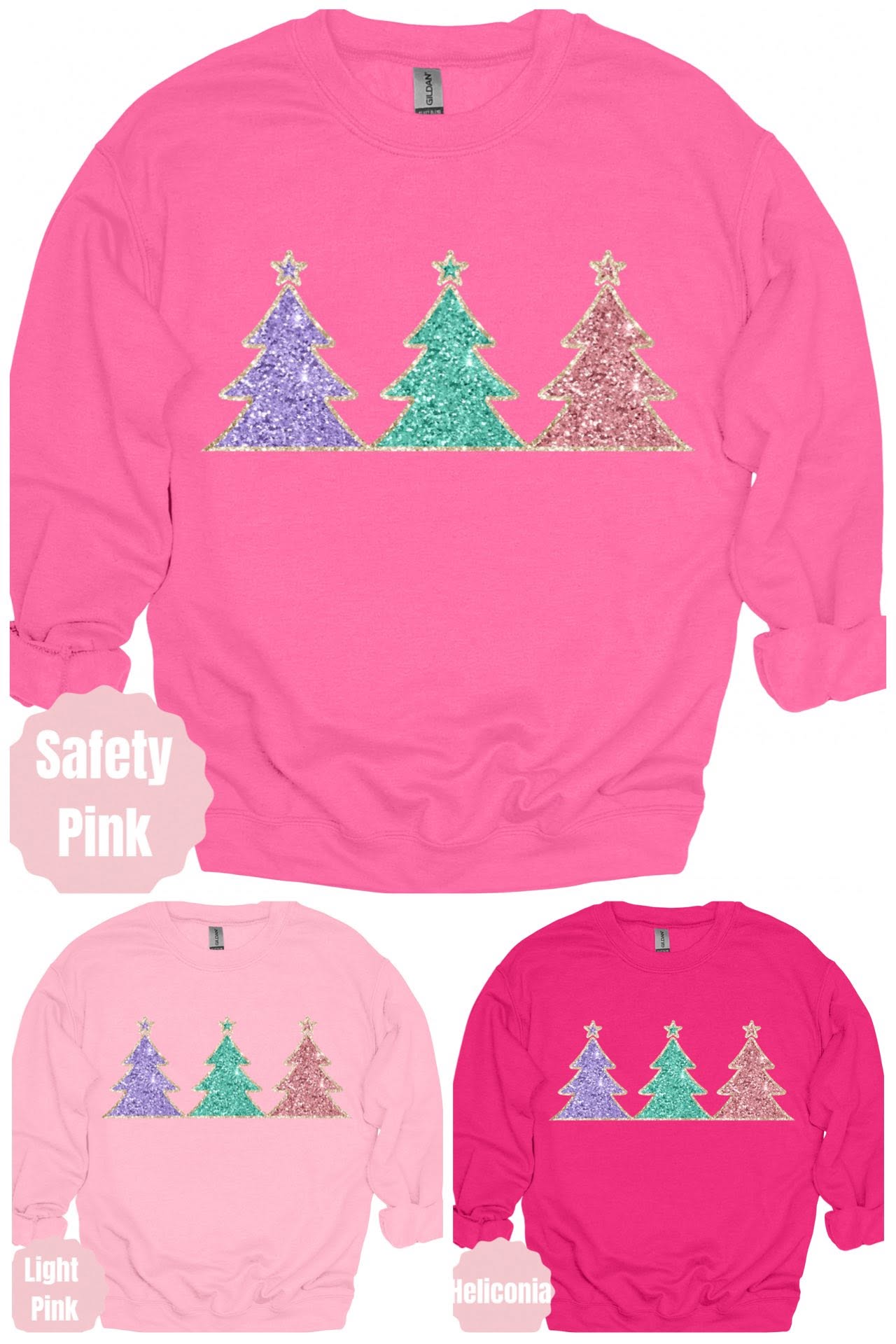 Pastel Christmas Tree Trio Graphic Apparel in pink garment colors