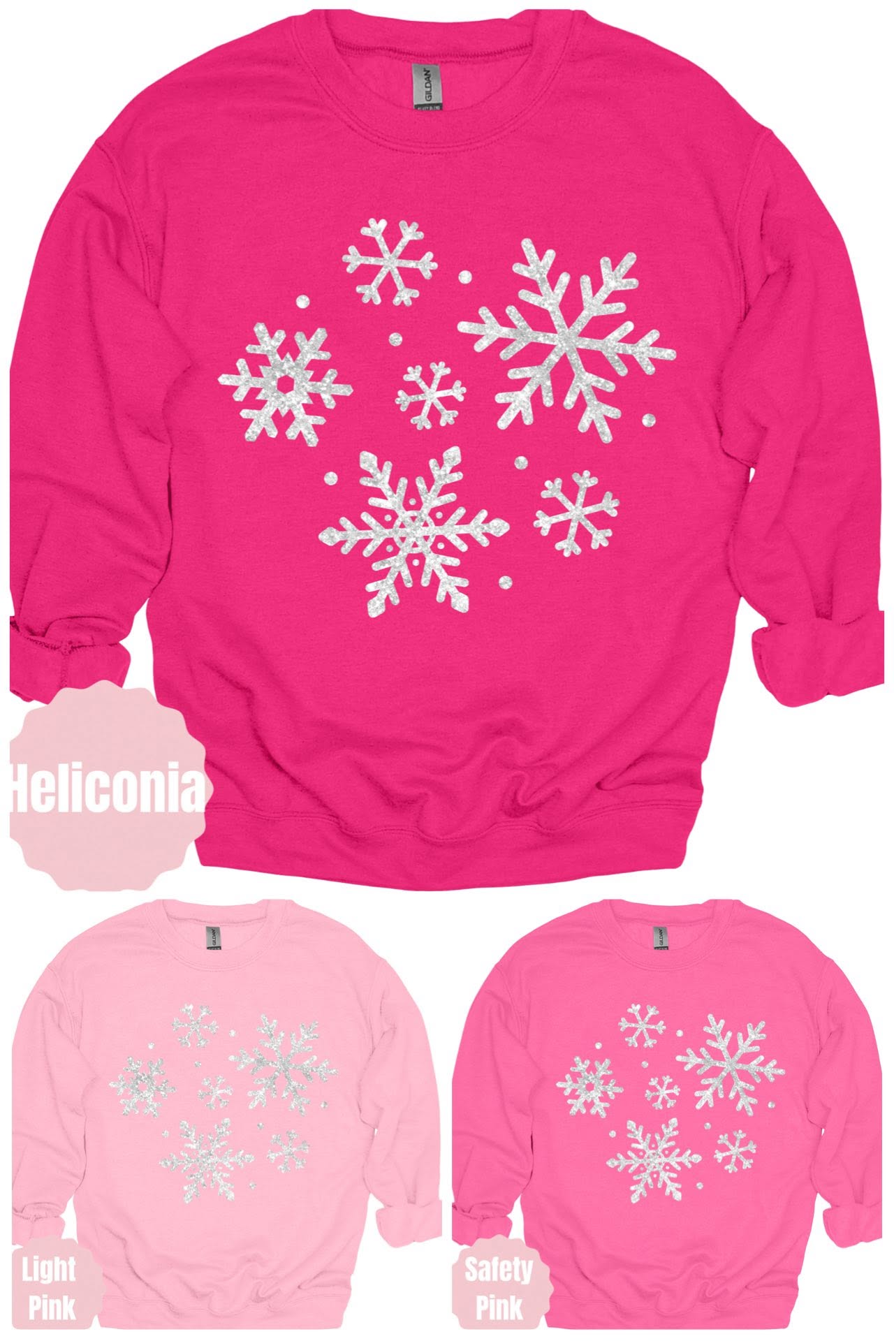 Scattered Snowflakes Winter Graphic Apparel in pink garment colors