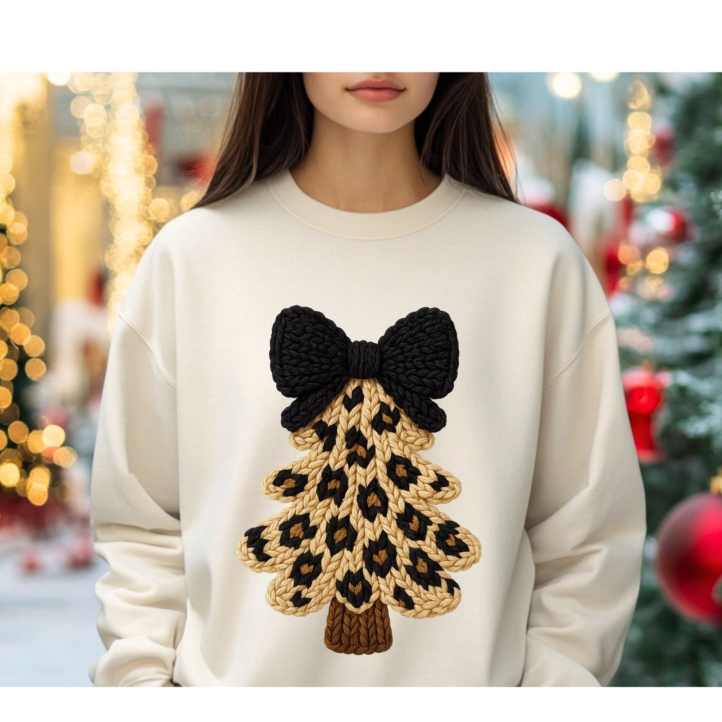 Leopard knit-look tree on cream sweatshirt