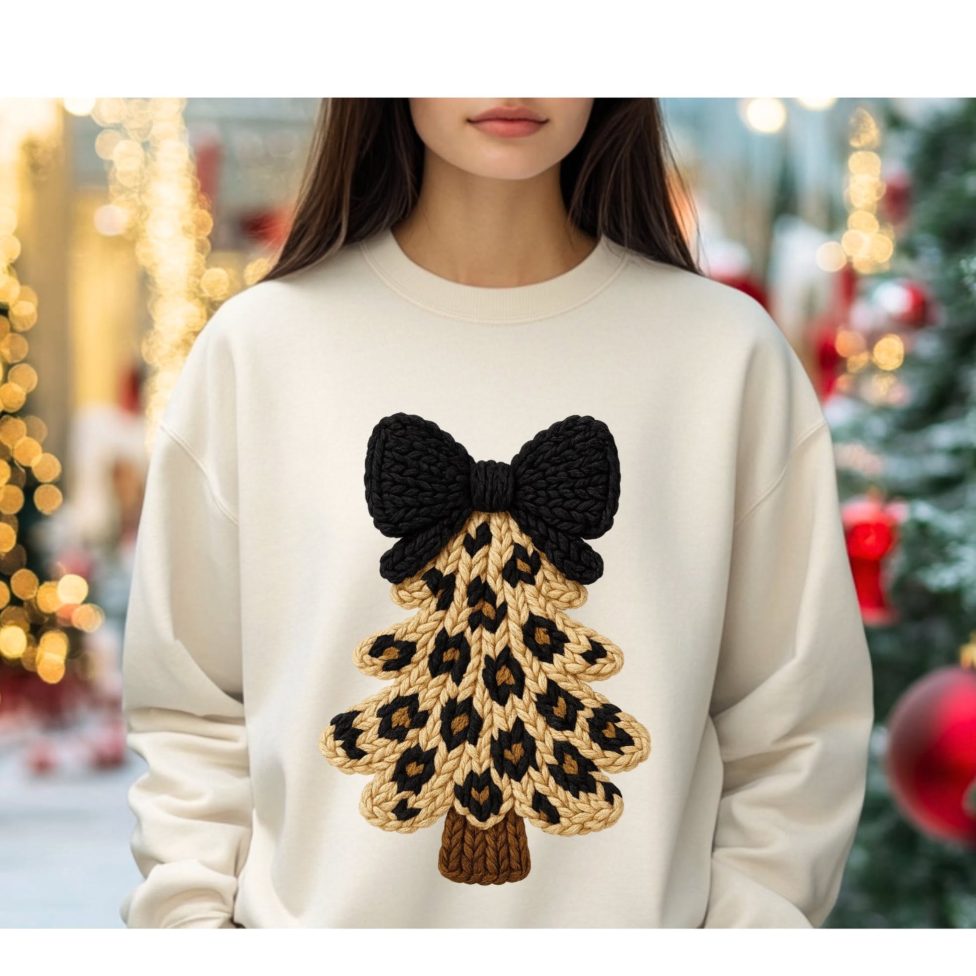 Leopard knit-look tree on cream sweatshirt