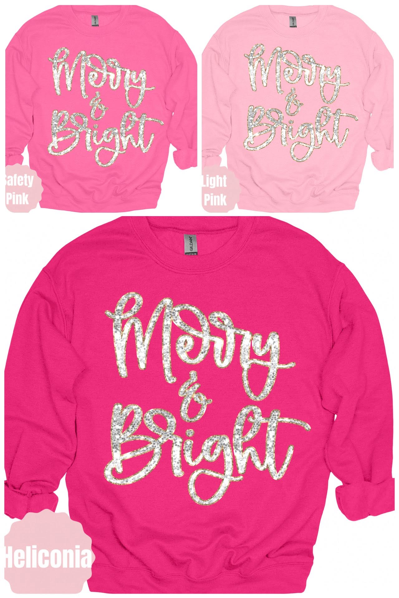 Merry and Bright sparkle script on pink apparel