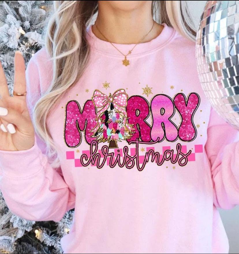 Pink Merry Christmas checkered tree design on pink sweatshirt