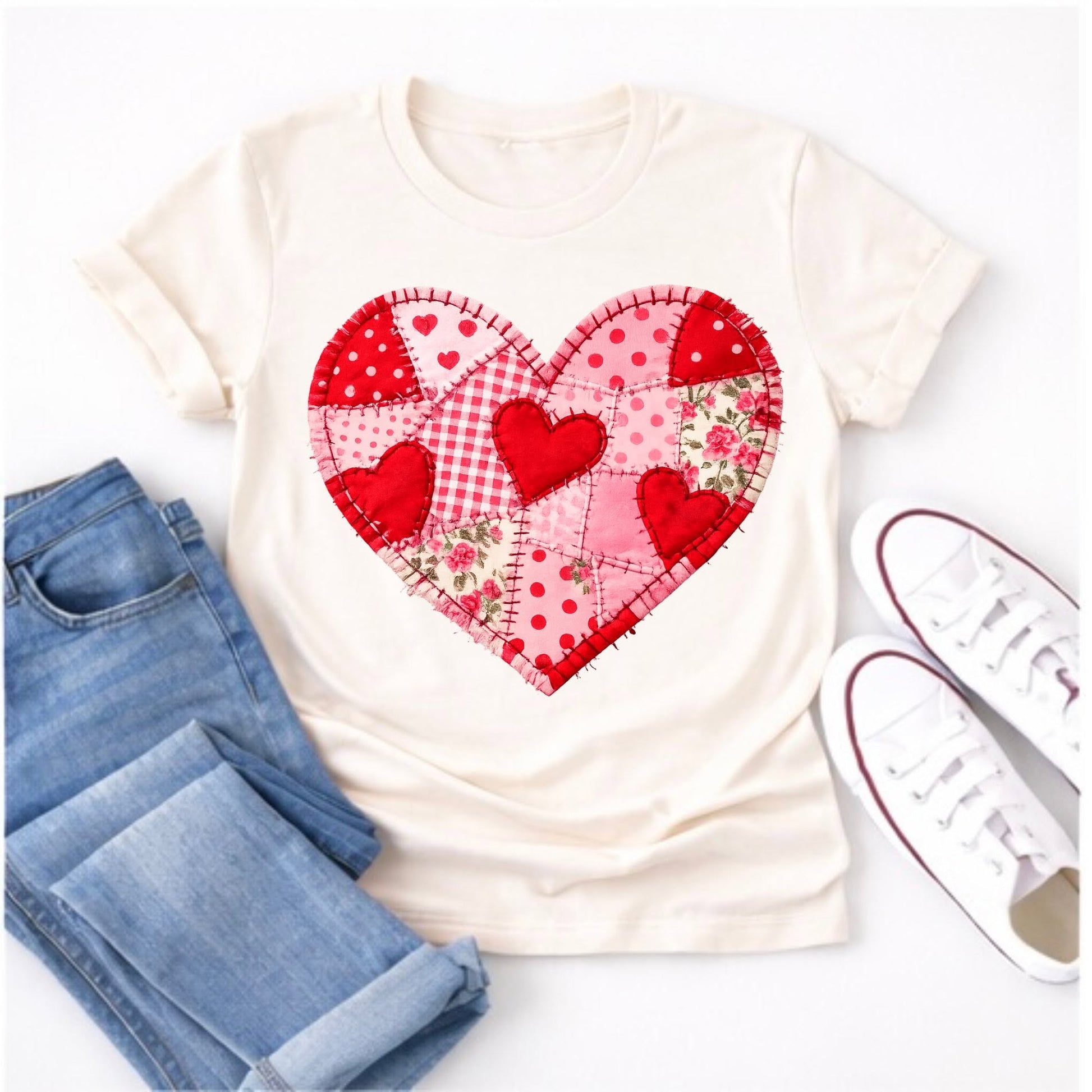Pink and red patchwork heart on a cream shirt