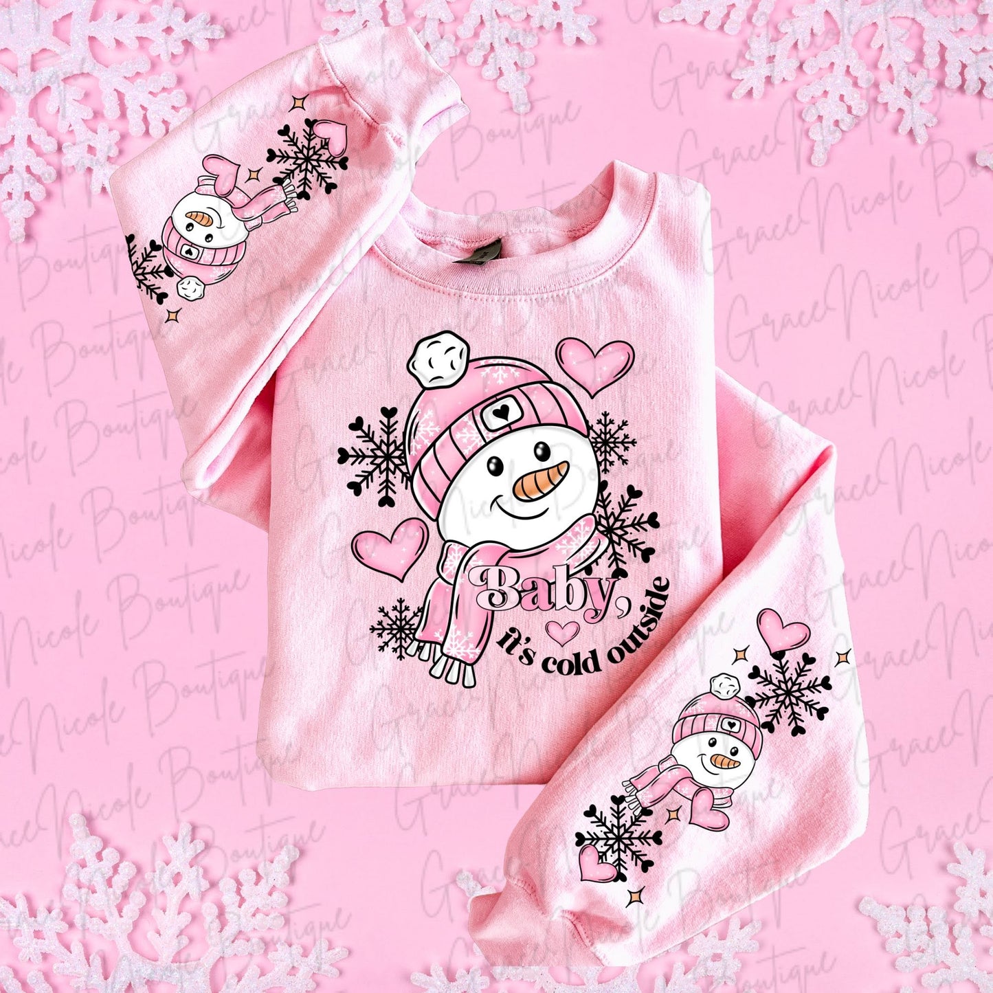 Baby it's cold outside pink snowman sweatshirt with matching sleeve artwork