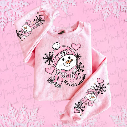 Baby it's cold outside pink snowman sweatshirt with matching sleeve artwork