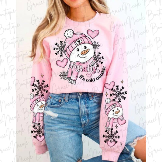 Baby it's cold outside pink snowman sweatshirt with matching sleeve artwork