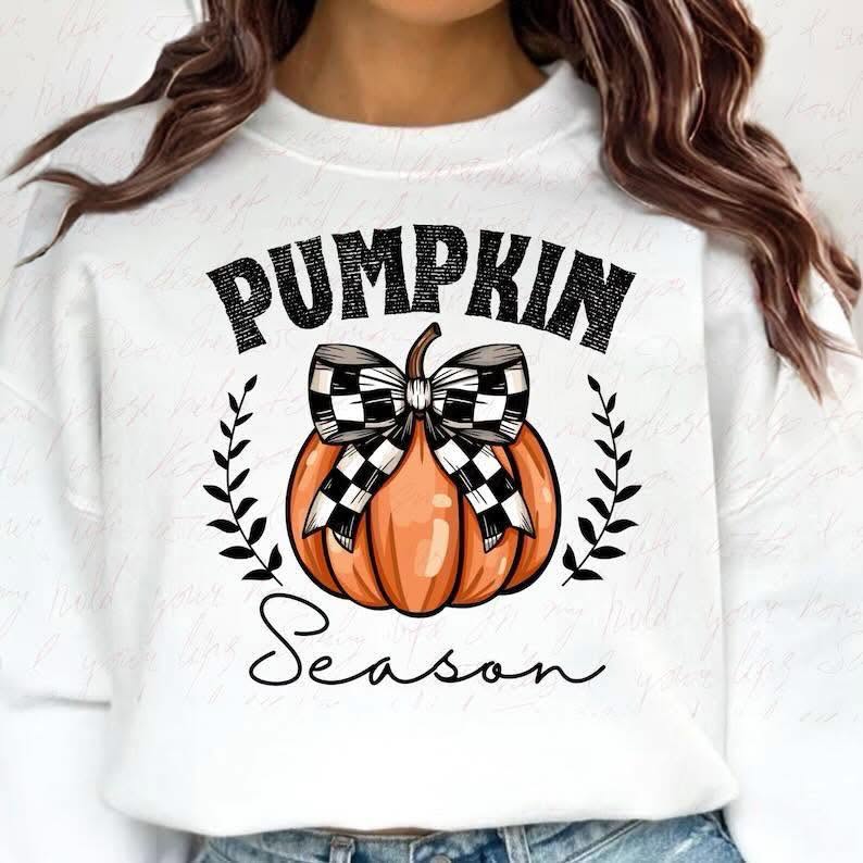 Pumpkin Season orange pumpkin with checkered bow on white sweatshirt