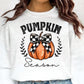 Pumpkin Season orange pumpkin with checkered bow on white sweatshirt