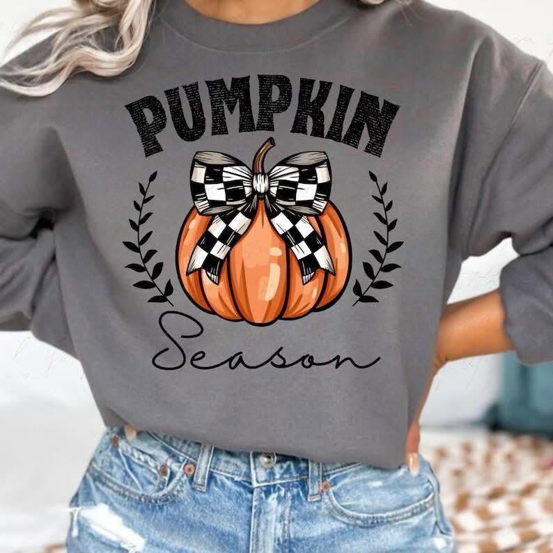 Pumpkin Season checkered bow design on gray shirt