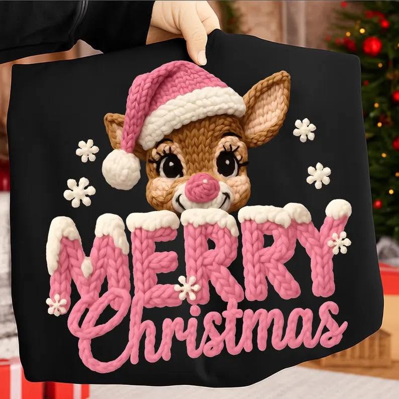 Pink Reindeer Merry Christmas Graphic Apparel mockup