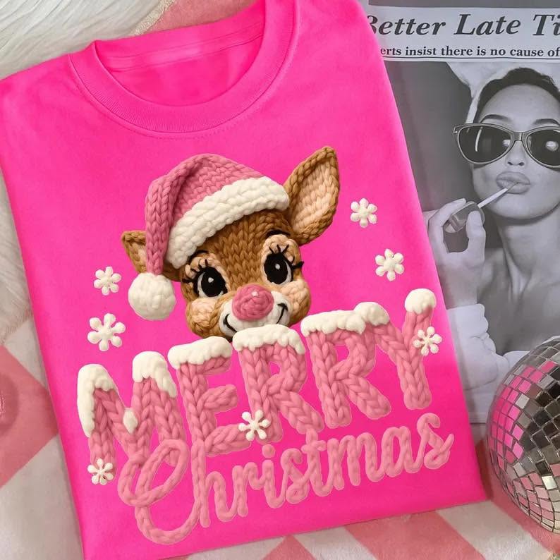 Pink Reindeer Merry Christmas Graphic Apparel mockup