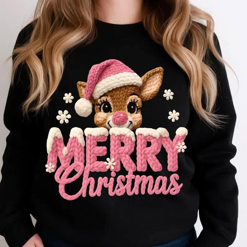 Pink Reindeer Merry Christmas Graphic Apparel mockup