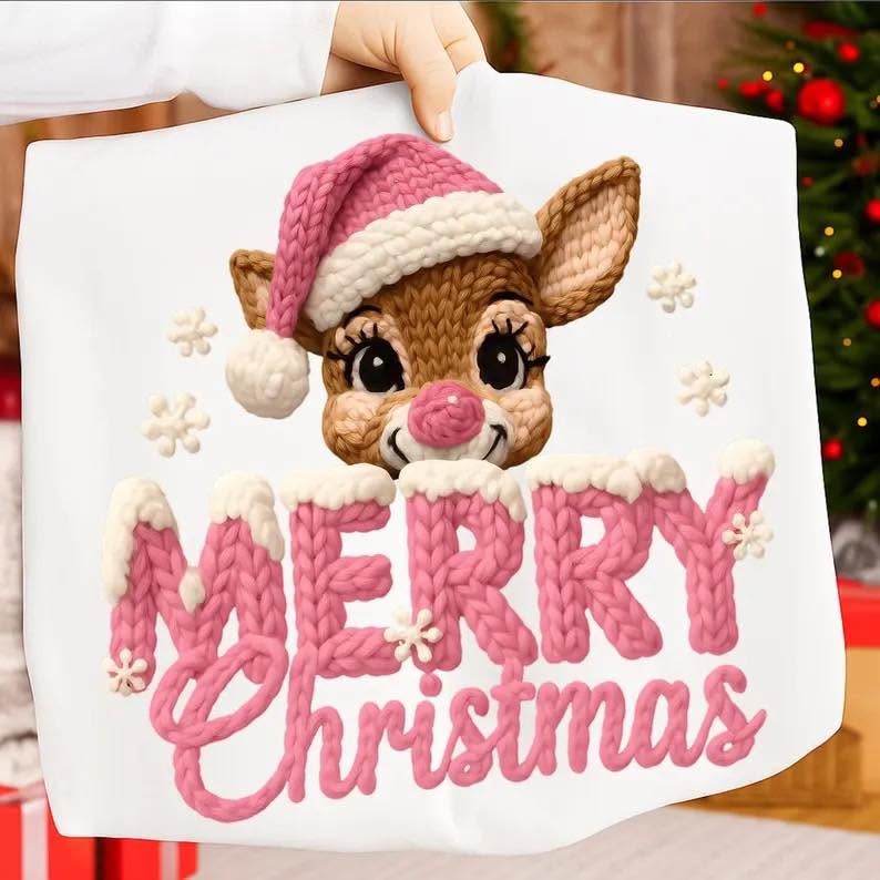 Pink Reindeer Merry Christmas Graphic Apparel mockup