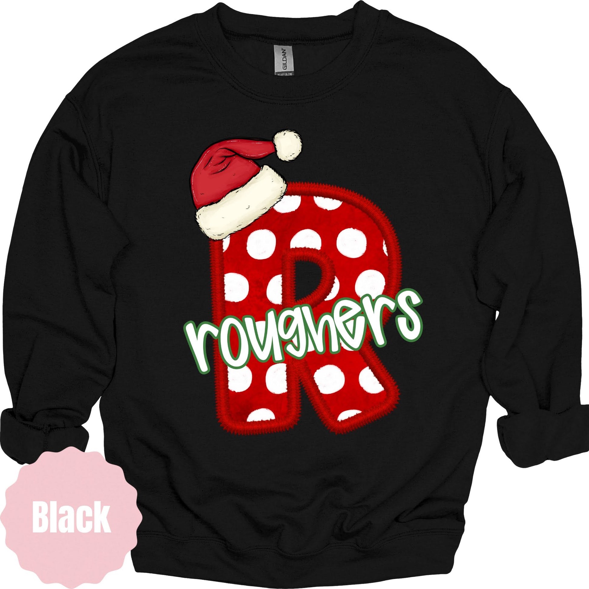 Roughers Santa Hat Polka Dot Initial on black sweatshirt
