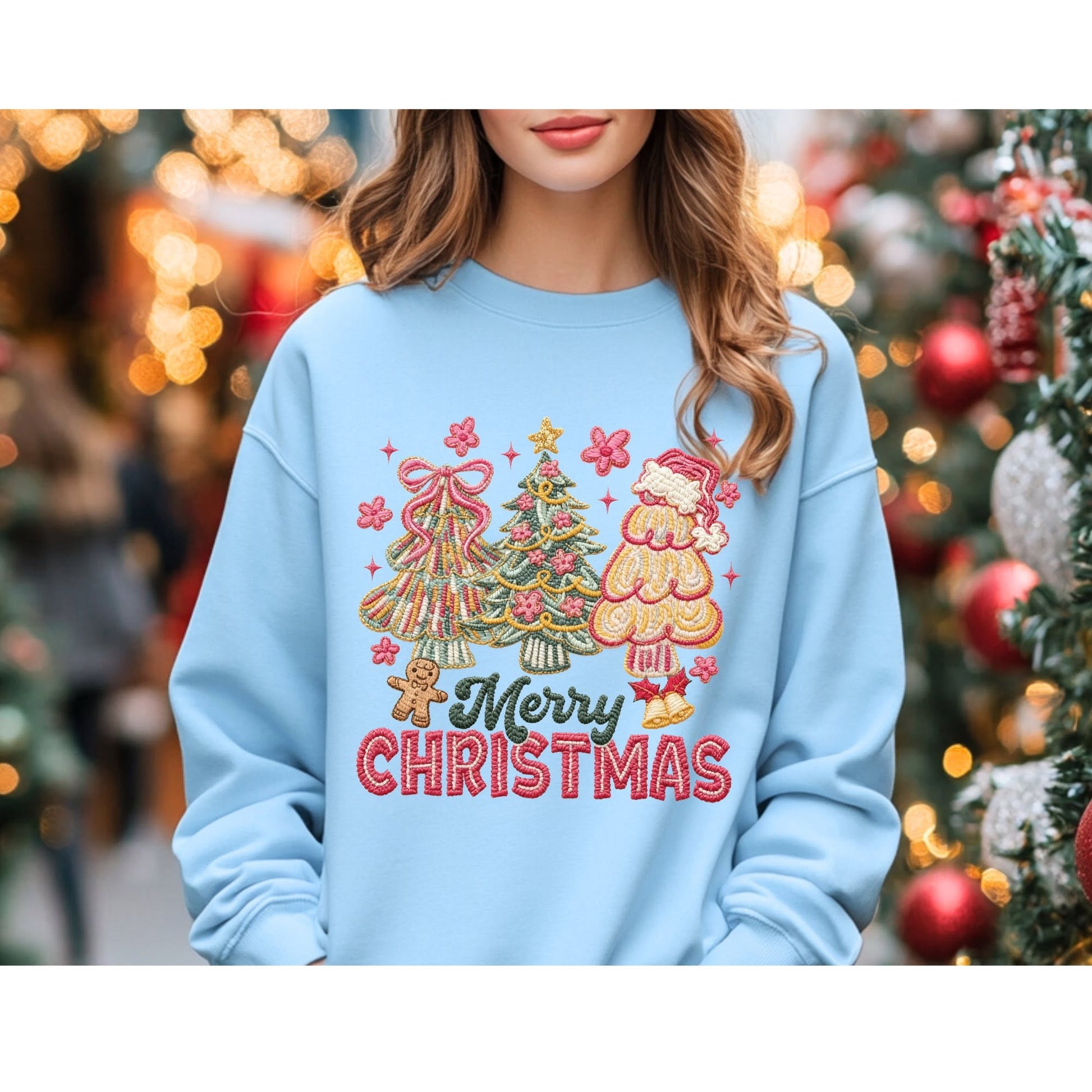 Merry Christmas stitched-look tree trio color mockup