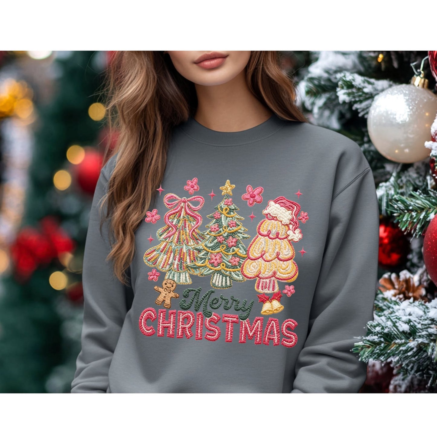 Merry Christmas stitched-look tree trio color mockup