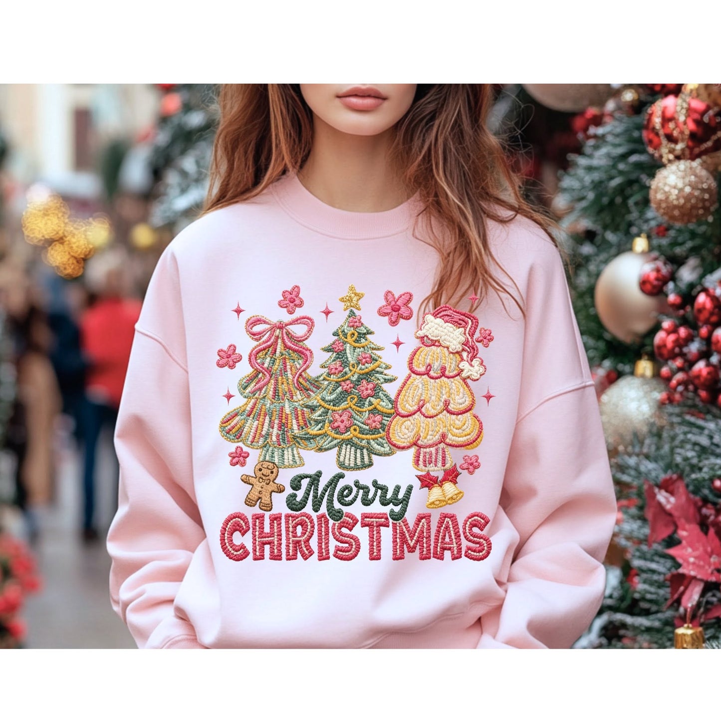 Merry Christmas stitched-look tree trio color mockup