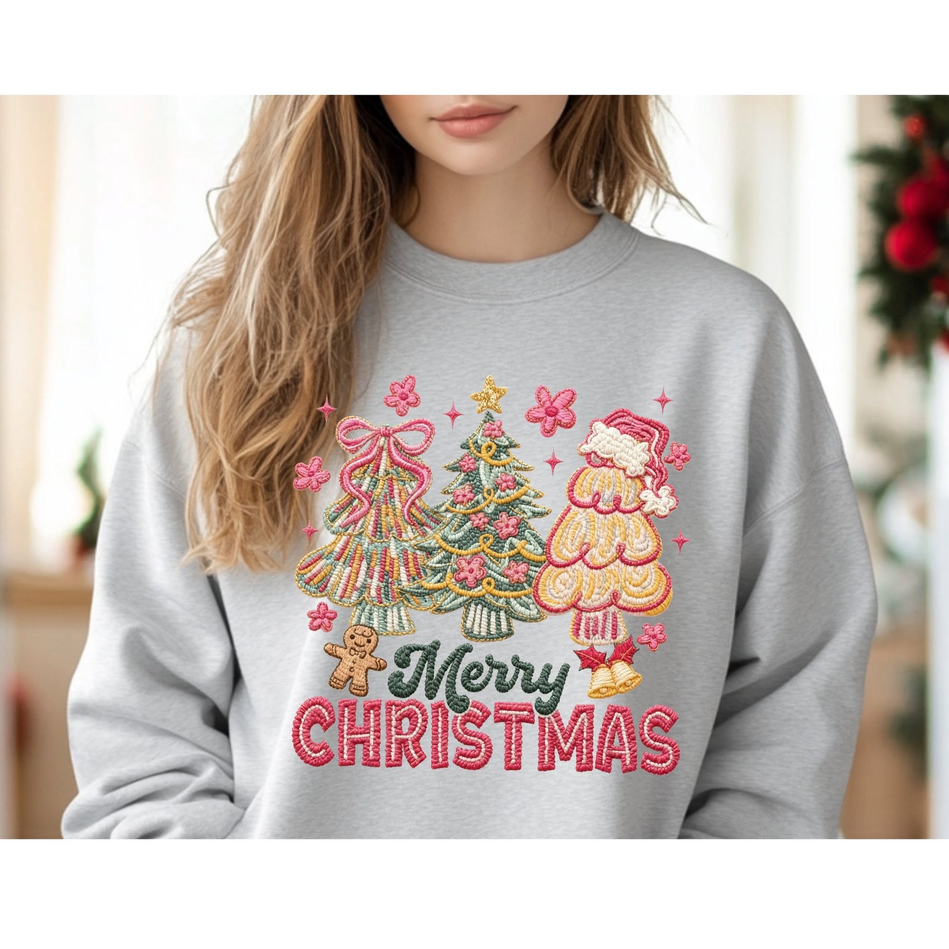 Merry Christmas stitched-look tree trio color mockup