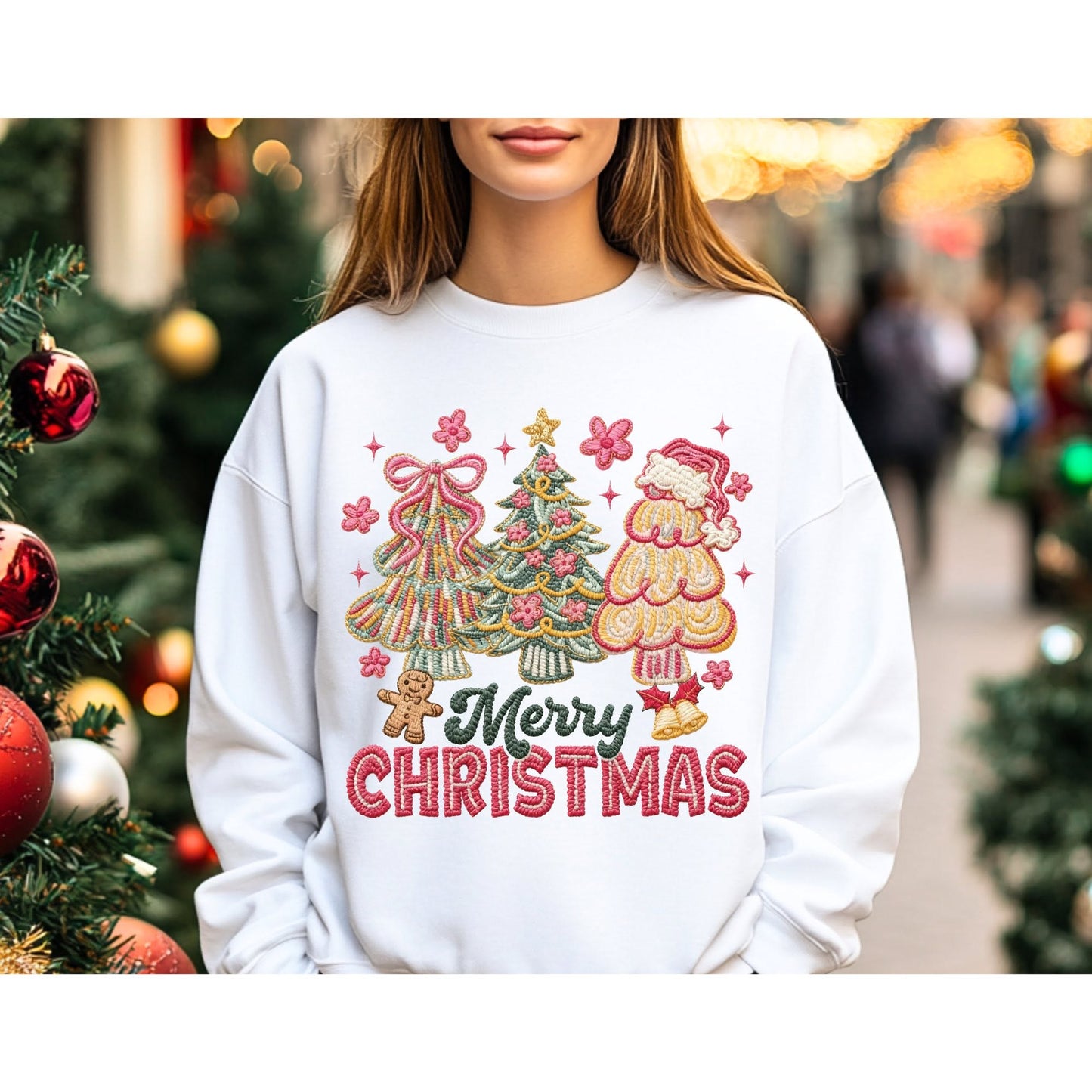 Merry Christmas stitched-look tree trio color mockup