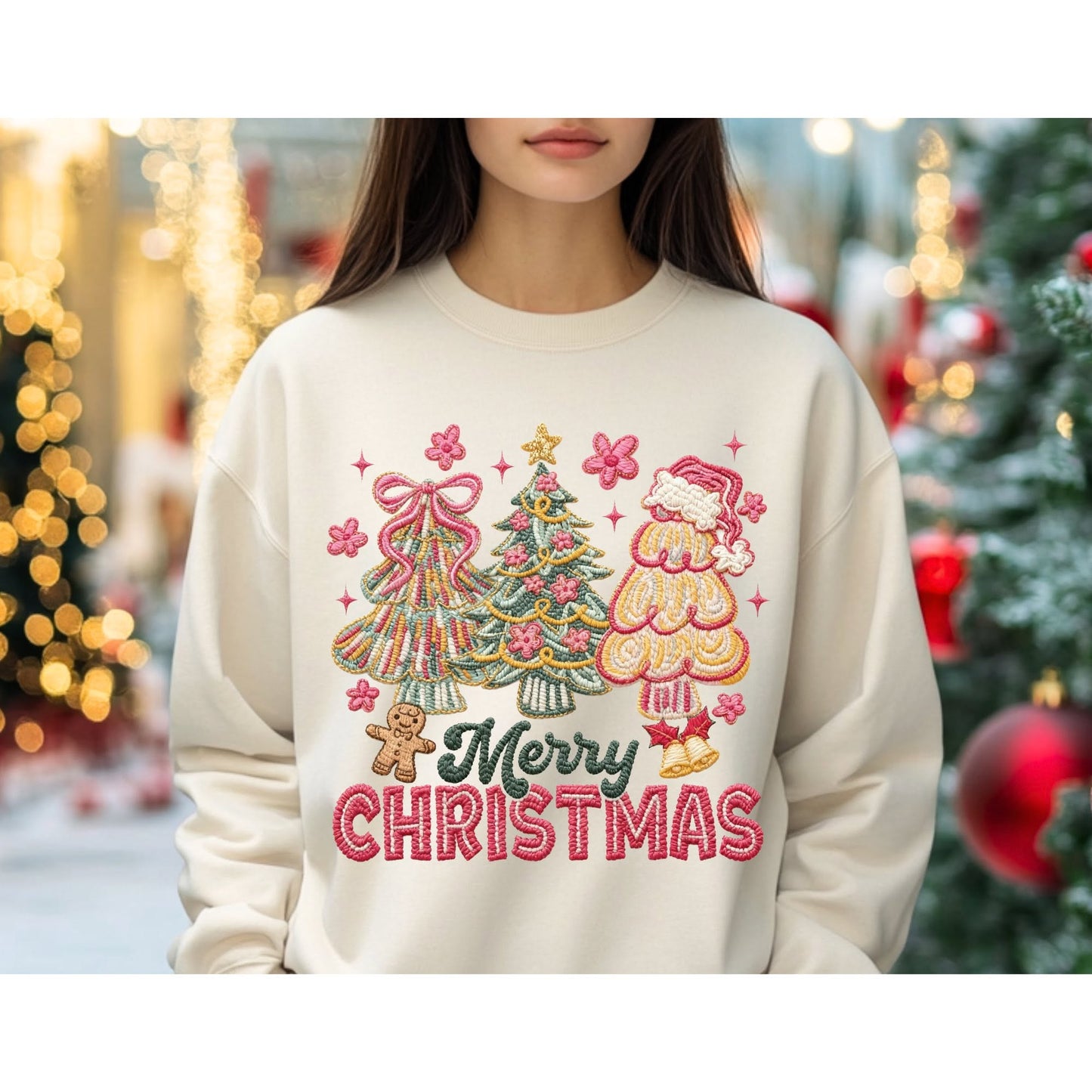 Merry Christmas stitched-look tree trio color mockup