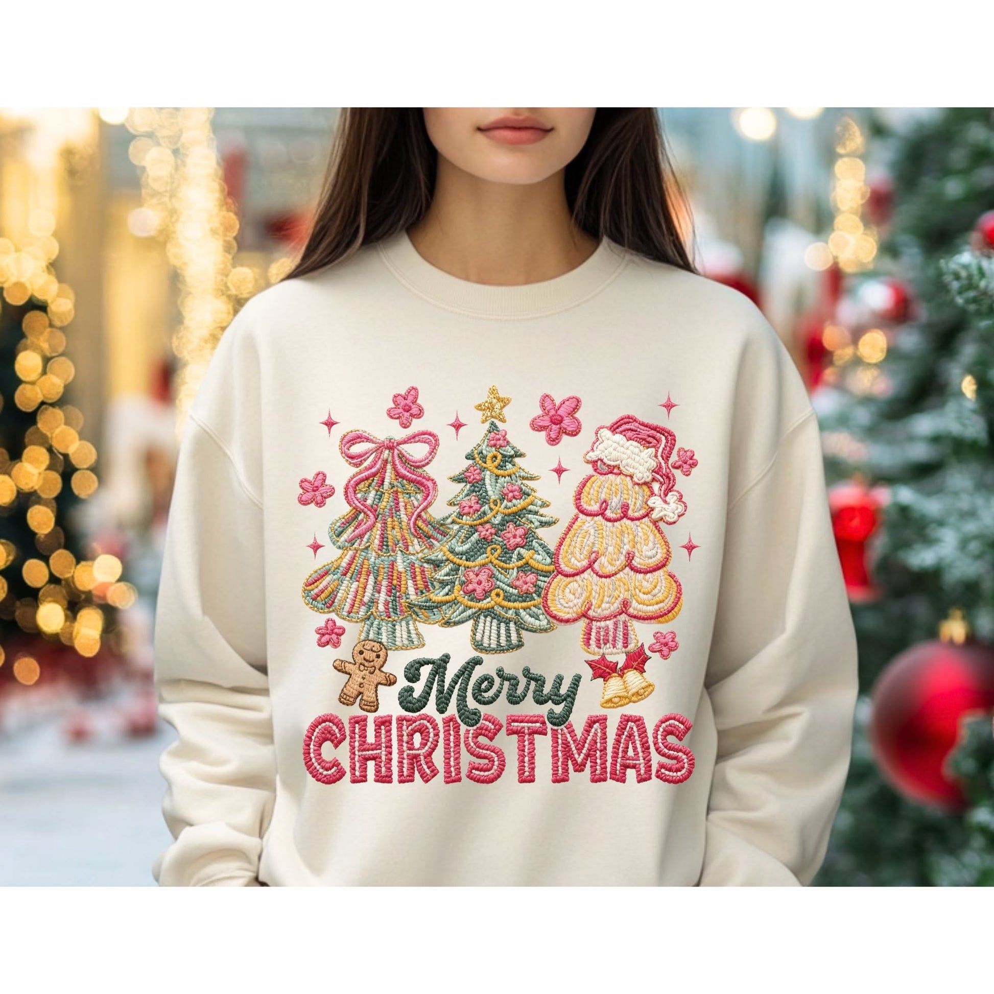Merry Christmas stitched-look tree trio color mockup