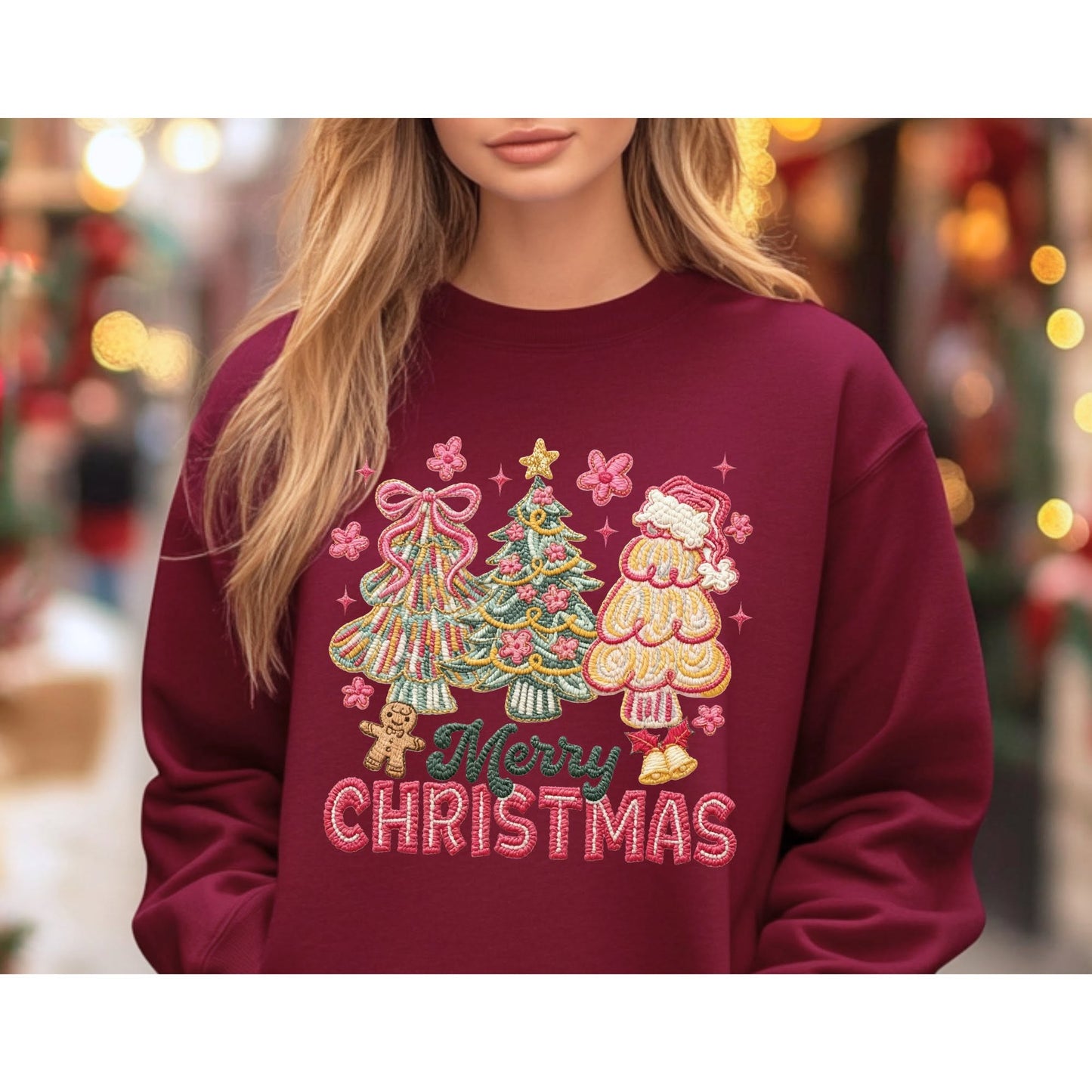 Merry Christmas stitched-look tree trio color mockup
